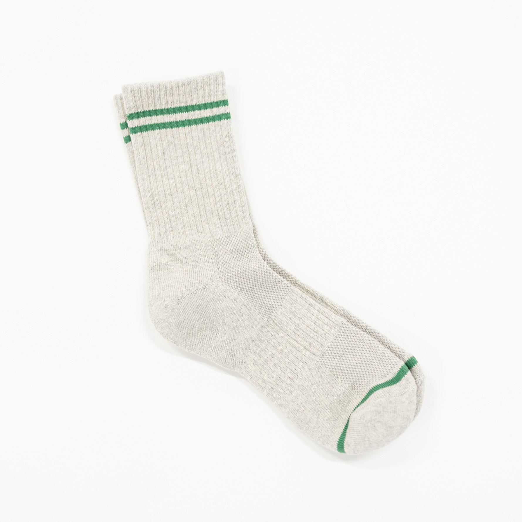A single light heather gray crew sock with two green stripes near the cuff and a green stripe on the toe, shown on a plain white background.
