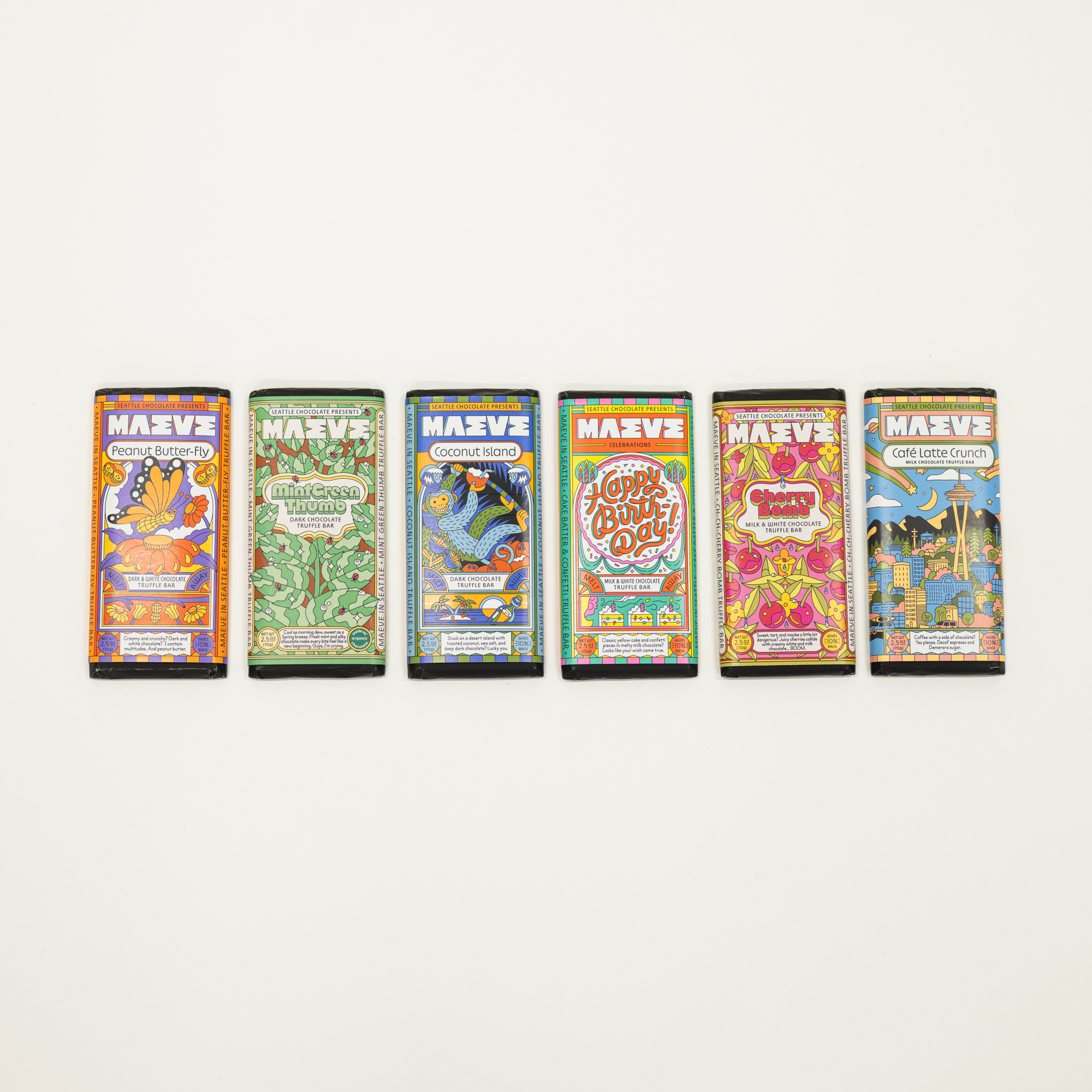 Set of colorful Maeve chcoolate bars on a white background