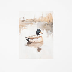 A vertical art print depicting a mallard duck swimming on calm water, rendered in soft beige, brown, gray, and black tones with a muted background.