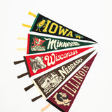 Set of vintage-style state pennants from Iowa, Minnesota, Wisconsin, Nebraska, and Illinois on a white background.