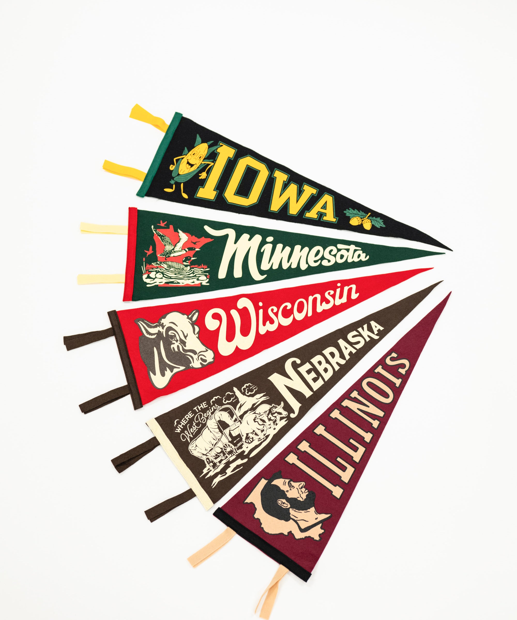 Set of vintage-style state pennants from Iowa, Minnesota, Wisconsin, Nebraska, and Illinois on a white background.