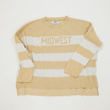 Light yellow and white striped sweatshirt with 'Midwest' text on a light gray background