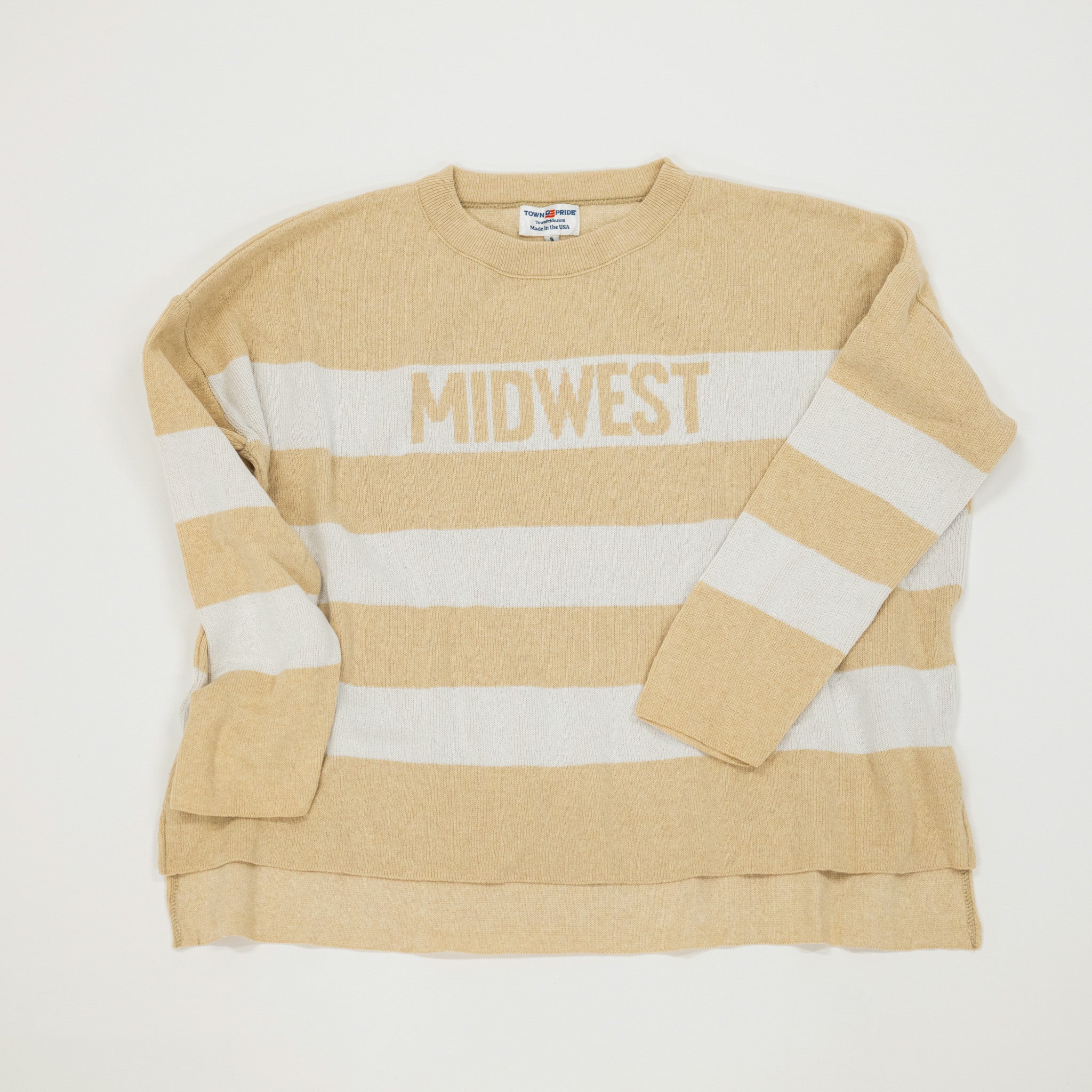 Light yellow and white striped sweatshirt with 'Midwest' text on a light gray background