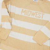 Beige and white striped shirt with 'MIDWEST' text on a light gray background