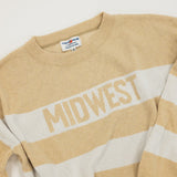 Beige and white striped sweater with 'MIDWEST' text on a light gray background