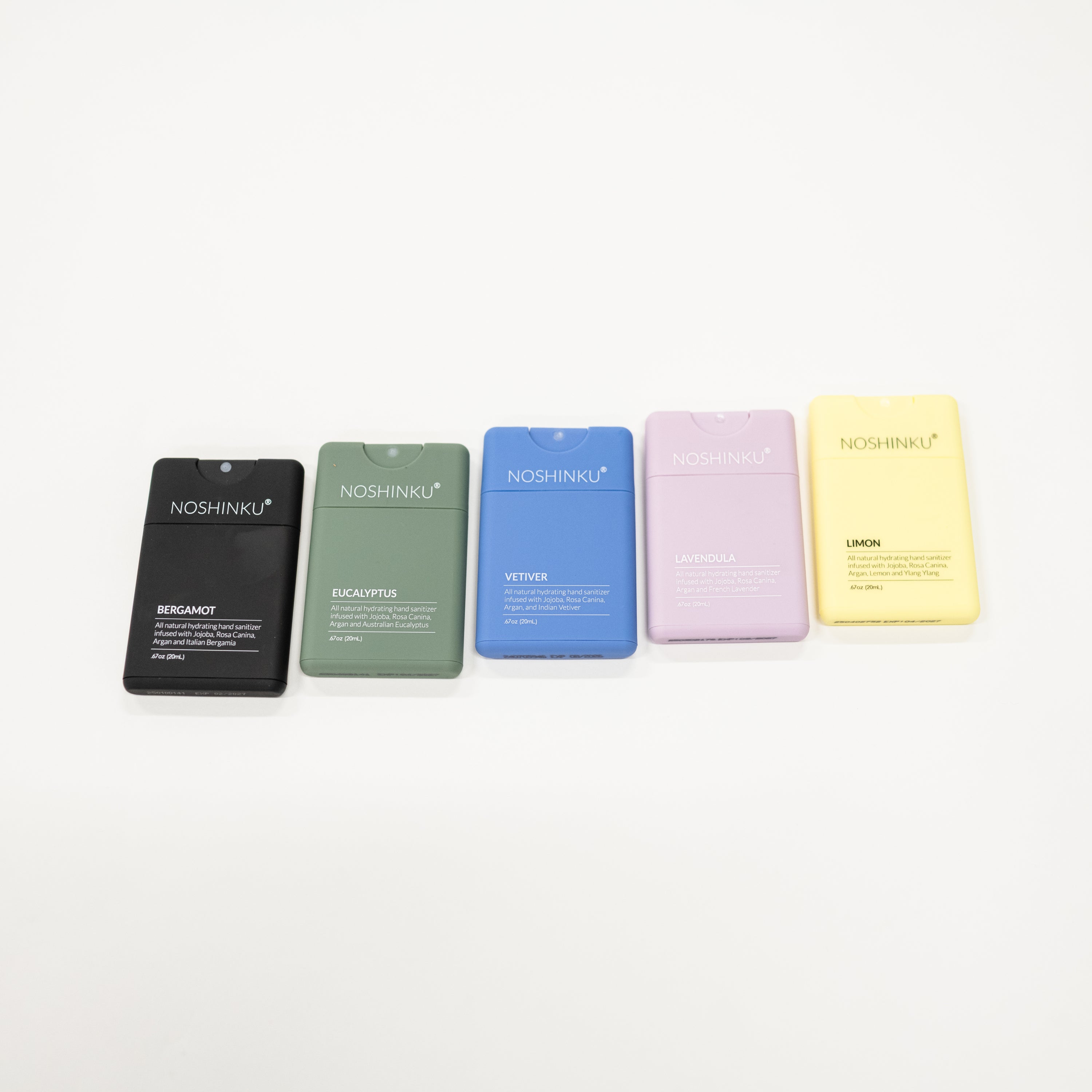 Five Noshinku moisturizing hand sanitizers in different colors on a white background