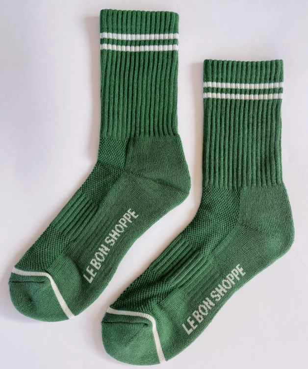 moss green boyfriend crew socks with white stripes. from the brand le bon shoppe