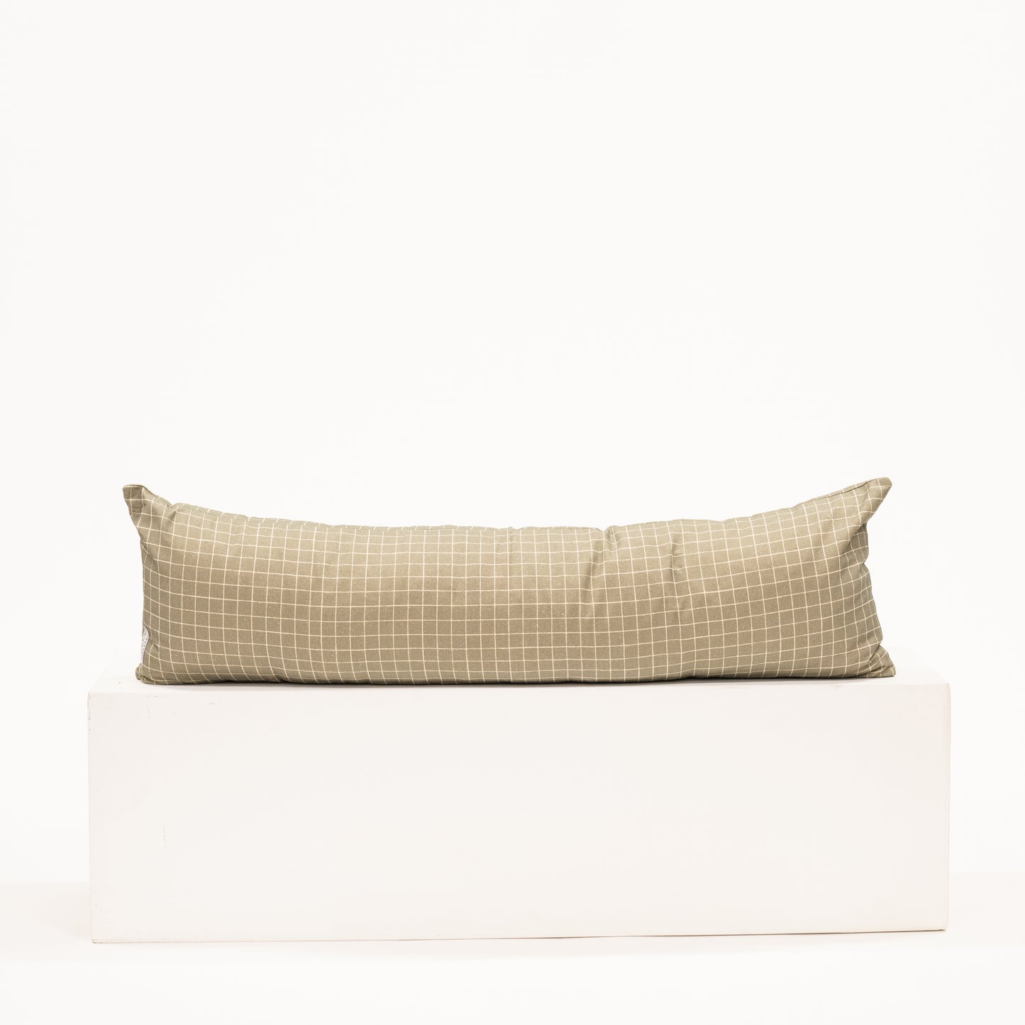 moss green with grid pattern on a long lumbar pillow