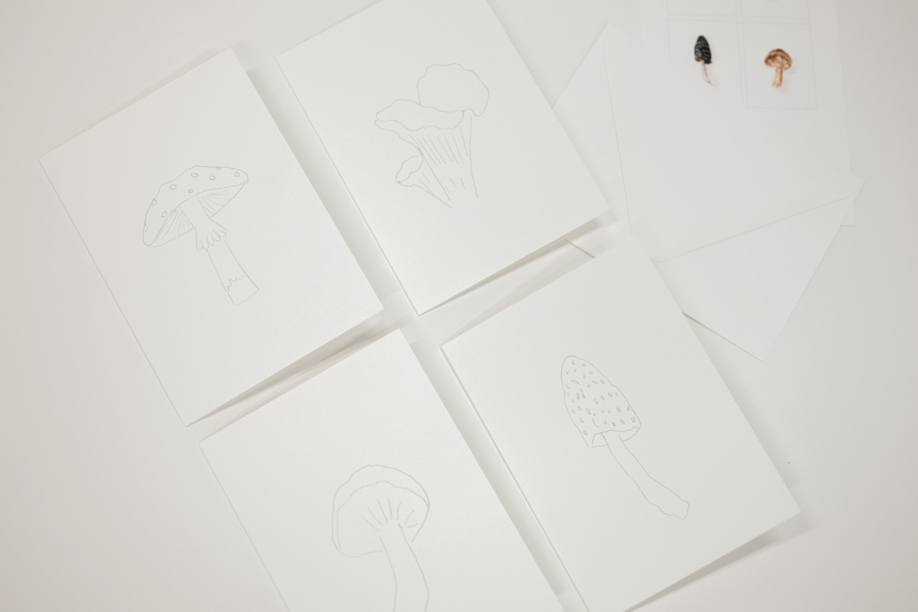 Set of 8 watercolor paintable notecards with envelopes. Feature mushroom patterns.