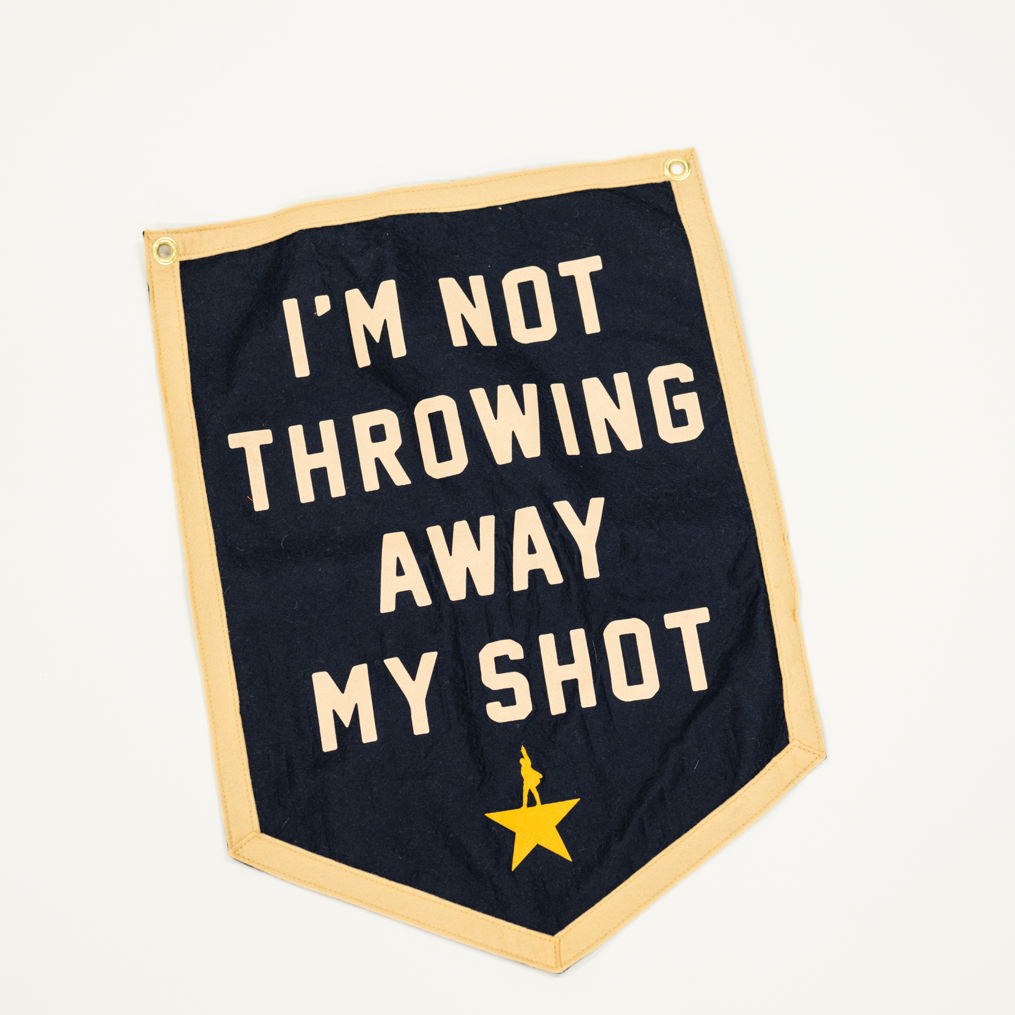 navy cream felt banner with phrase "i'm not throwing away my shot" quote