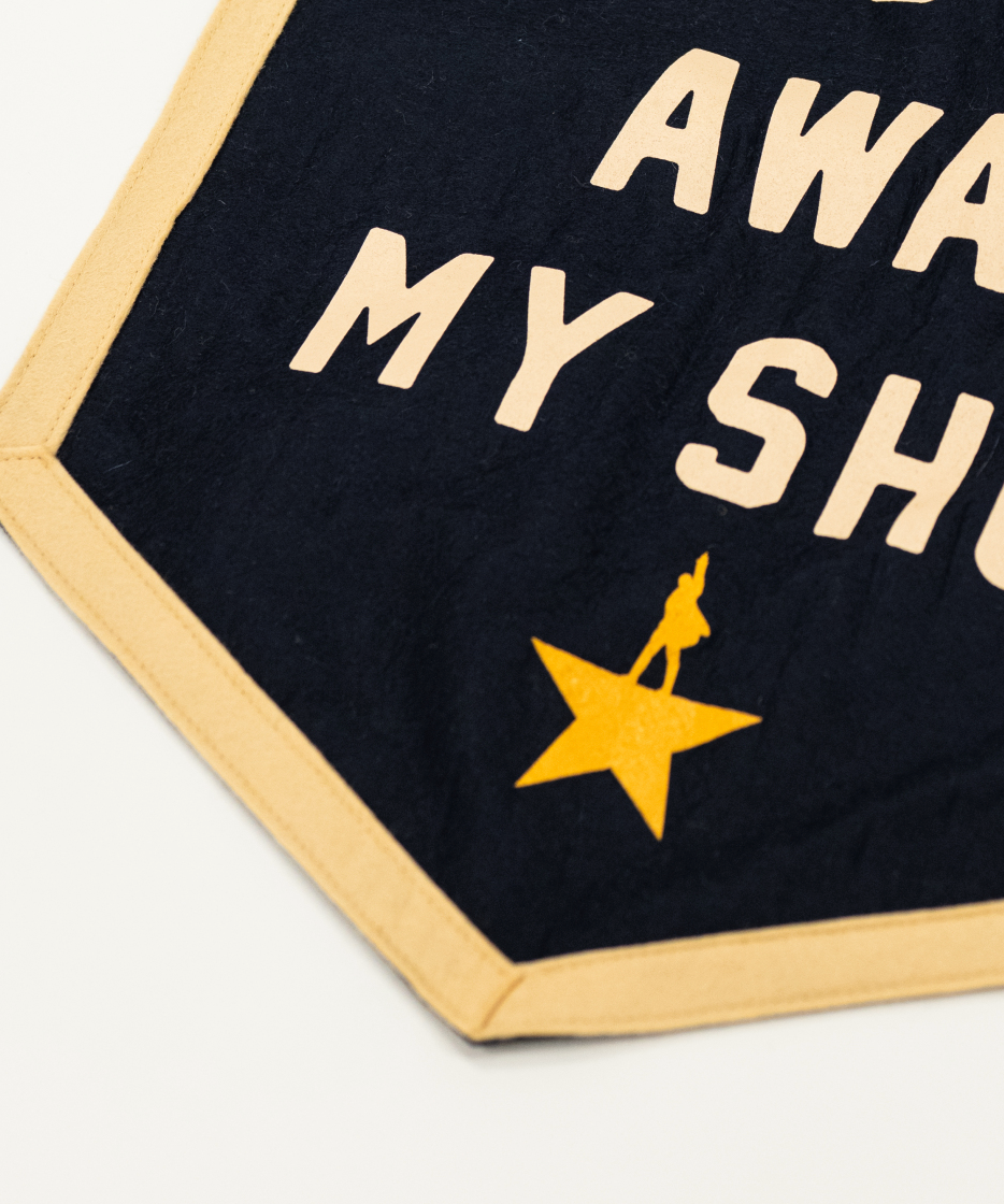 detail shot of felt banner with "i'm not throwing away my shot" quote from hamilton