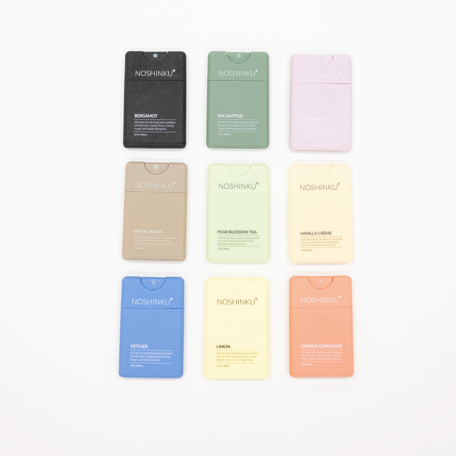 Nine NOSHINKU hand sanitizer bottles arranged in a 3x3 grid on a clean white background, featuring different colors: charcoal, sage green, pastel pink, oatmeal beige, mint green, cream yellow, sky blue, pale yellow, and coral orange.