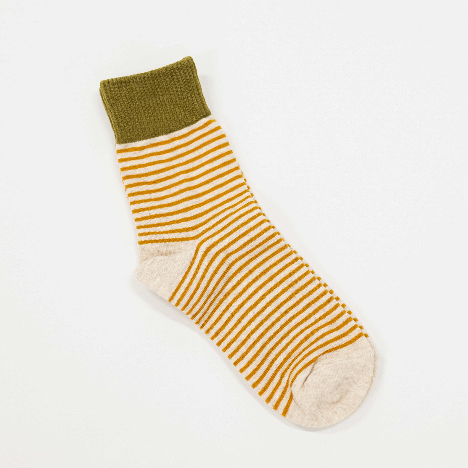 oatmeal colored socks with orange stripes and olive green crew top