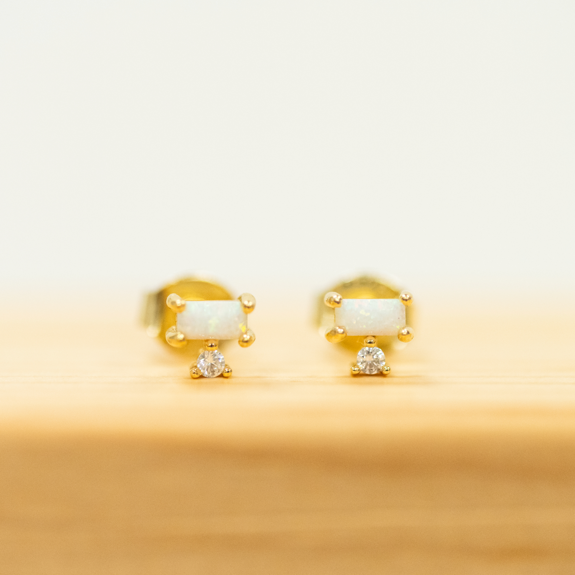 Opal Double Stack Stud Earring Stud featuring a bar opal and round cz stone