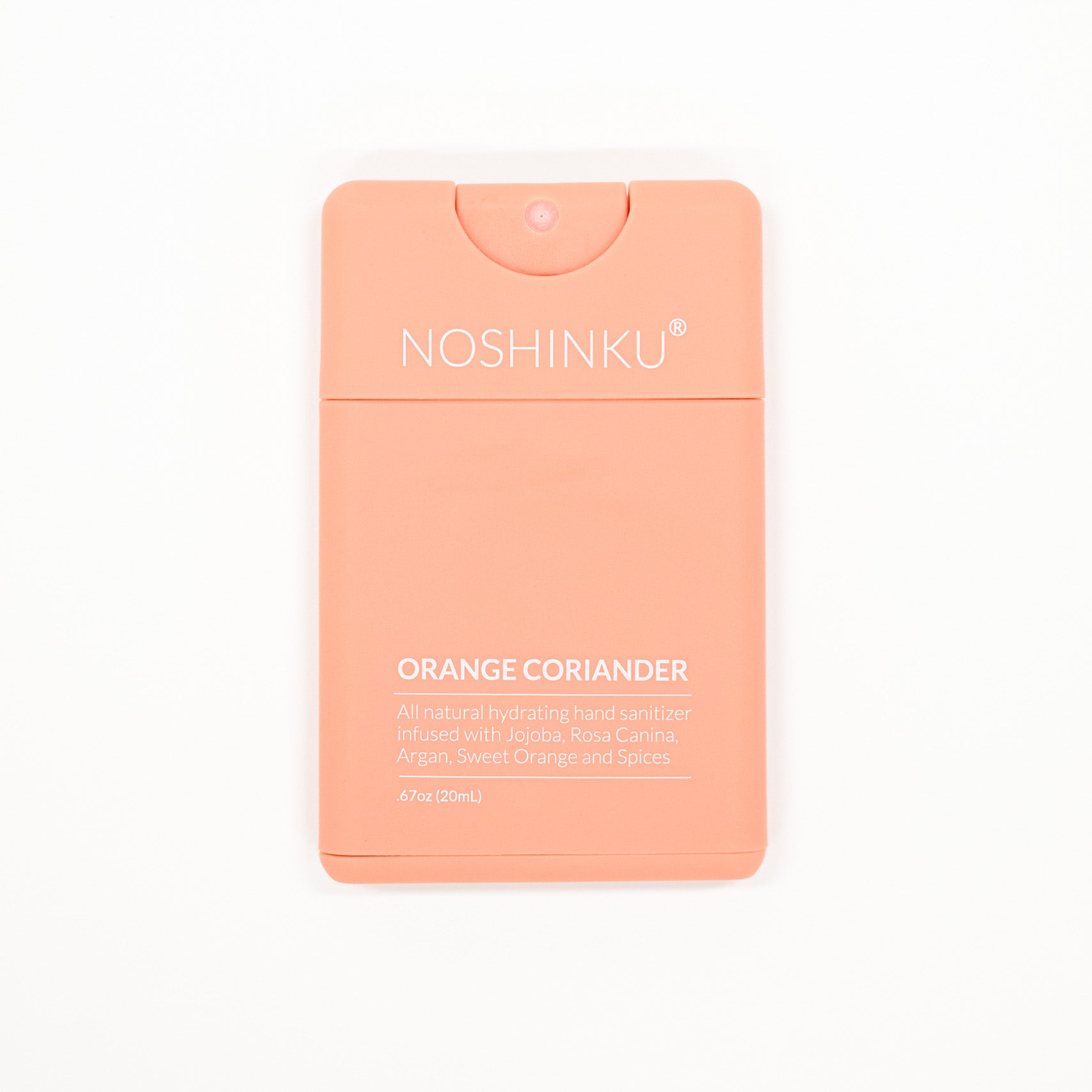 Noshinku Orange Coriander hand sanitizer in a rectangular peach-colored plastic dispenser with white text, shown on a clean white background.