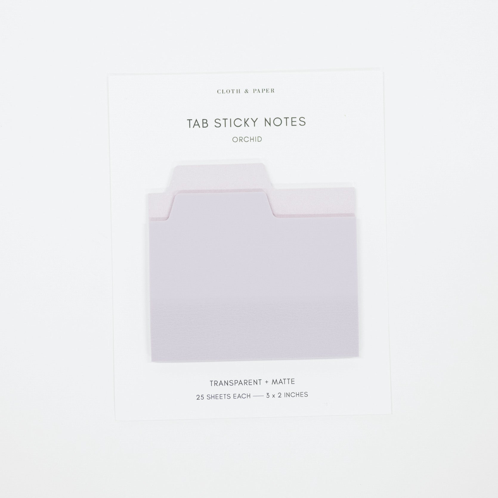 A package of orchid-colored tab sticky notes on a clean white background. The packaging features a graphic of the translucent, matte sticky note with a tab on the left, labeled 'CLOTH & PAPER TAB STICKY NOTES ORCHID'.