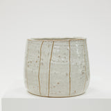 Ceramic planter with organic 
striped design on a white background