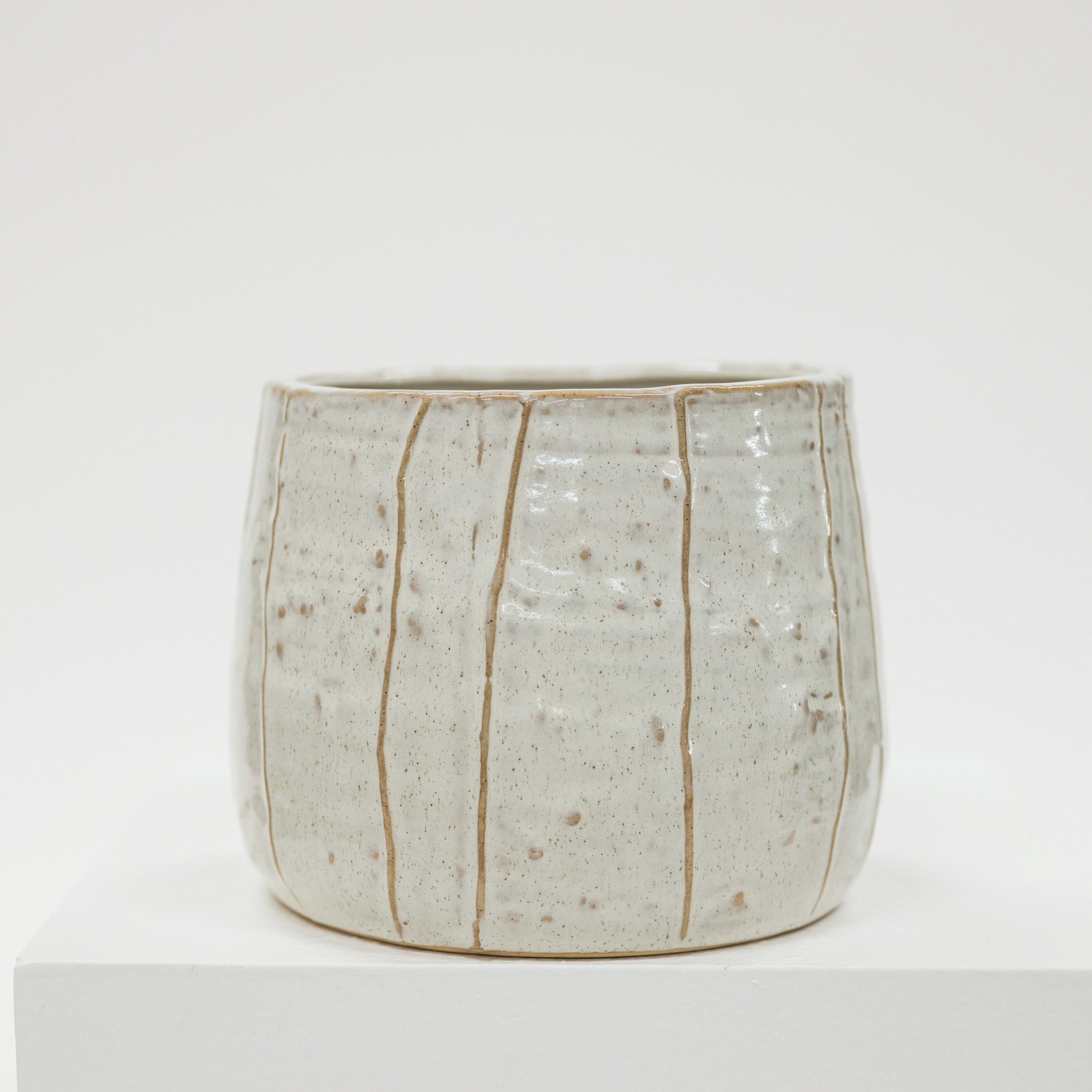 Ceramic planter with organic 
striped design on a white background