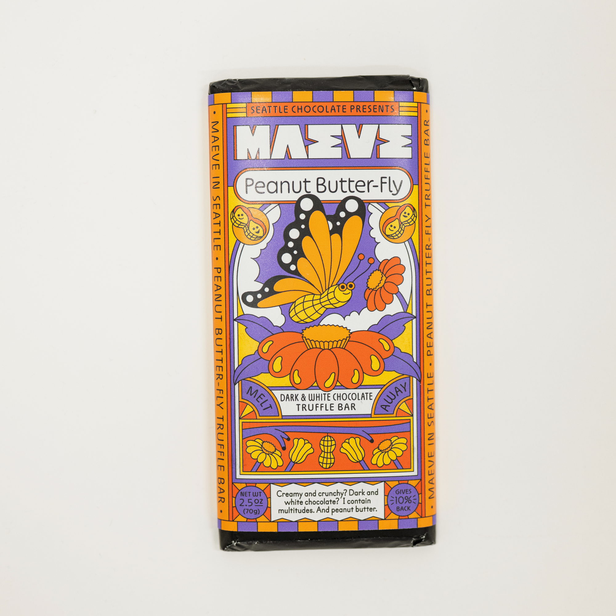 Mavee Peanut Butter Fly chocolate bar packaging on a white background