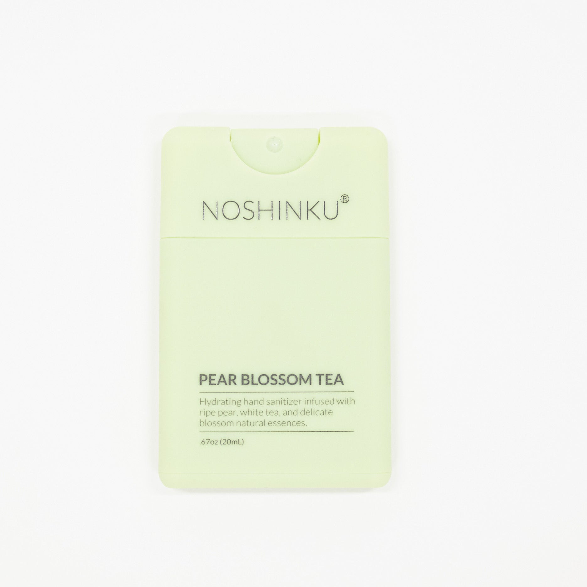 Noshinku Pear Blossom Tea hydrating hand sanitizer in a pale yellow-green rectangular bottle shown on a clean white background.