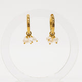 Gold hoop earrings with pearl charms on a white background