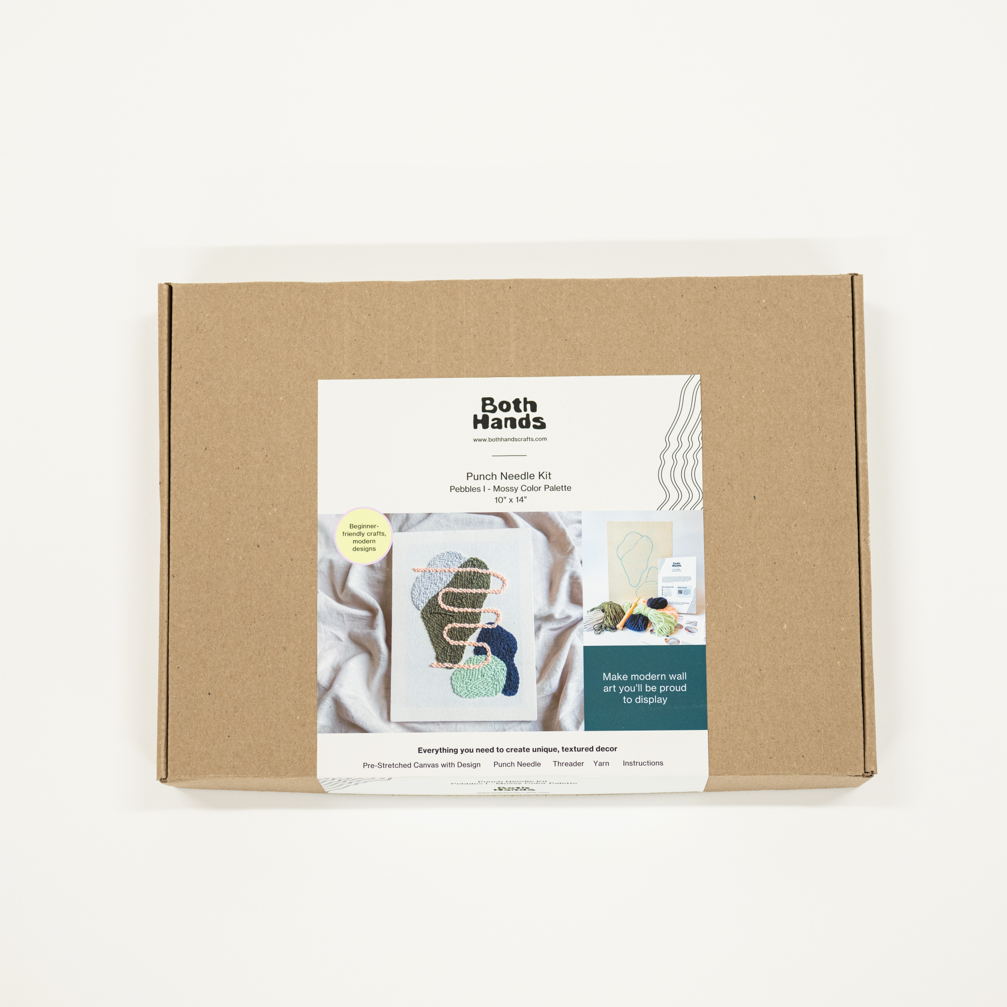 Kraft paper box with a label for 'Both Hands' product on a white background