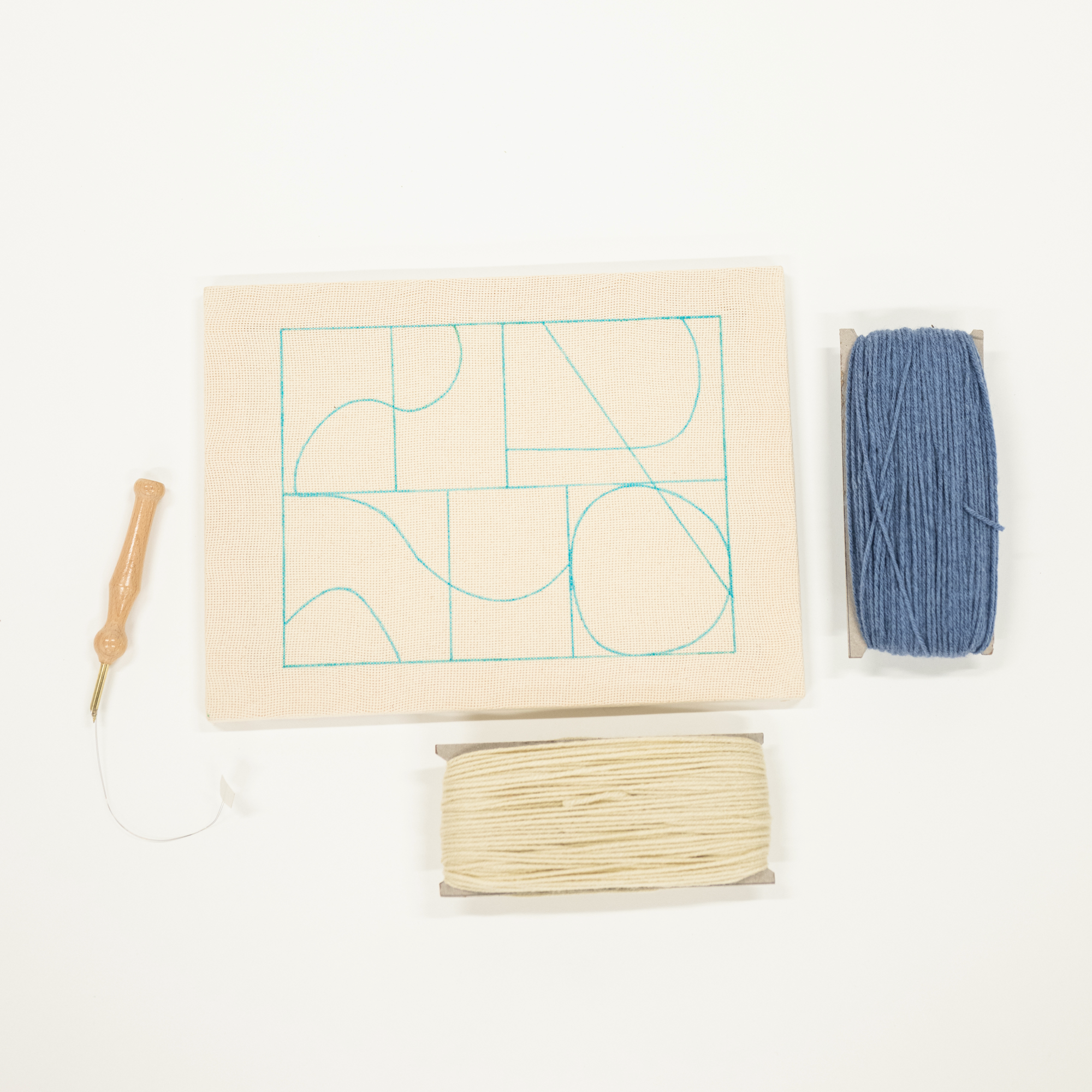 punch needle kit with periwinkle and white wood tool