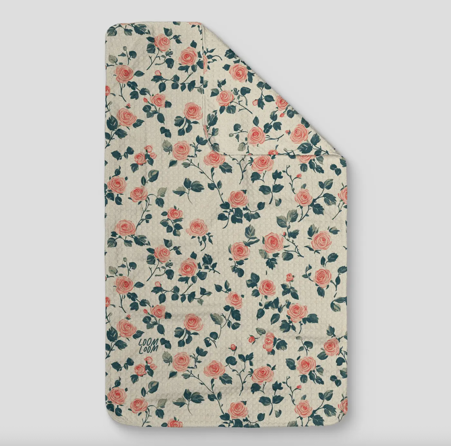 microfiber kitchen towel with off white base and pink rose pattern