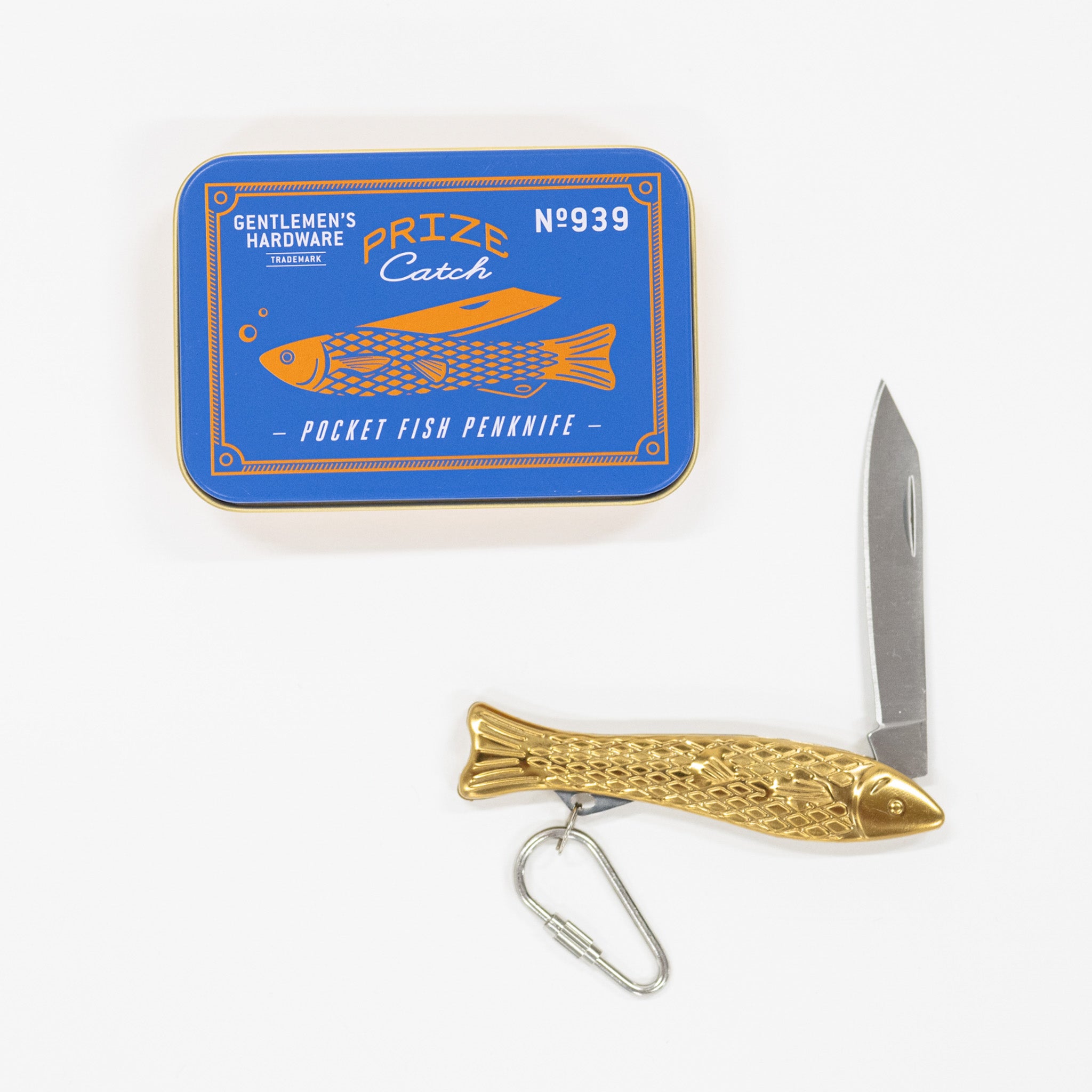 Gold fish-shaped pocket knife with blue packaging on a white background