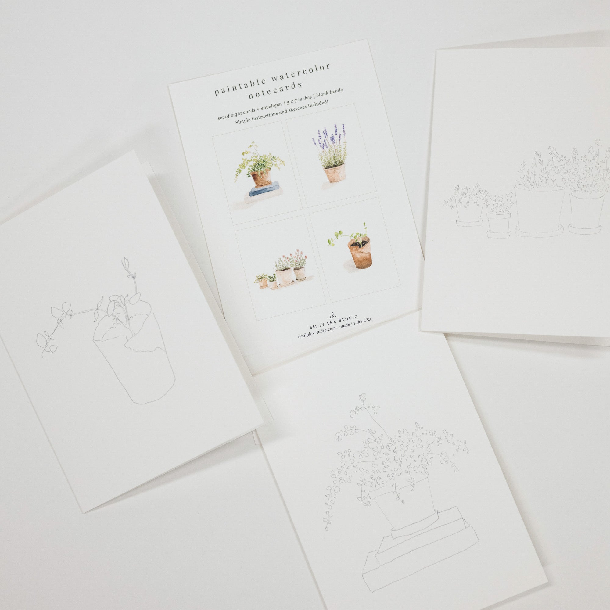 A set of white notecards or printouts laid out on a light background, including one central card titled 'paintable watercolor watercolor' with small plant illustrations and several surrounding cards with minimalist line drawings of potted plants.