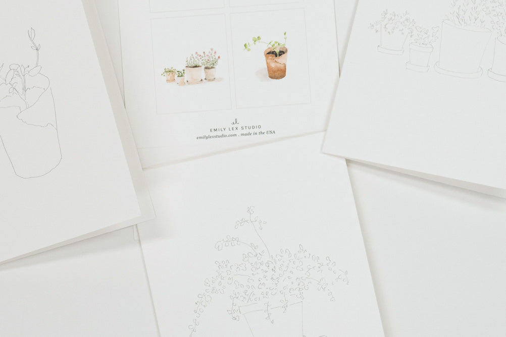 A set of white art print cards featuring minimalist black line drawings of potted plants and one central card with a small watercolor illustration of potted plants and the text 'EMILY LEX STUDIO'.