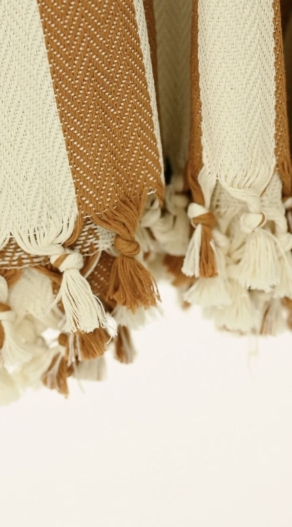 caramel brown and cream striped turkish blanket for the bed with tassels