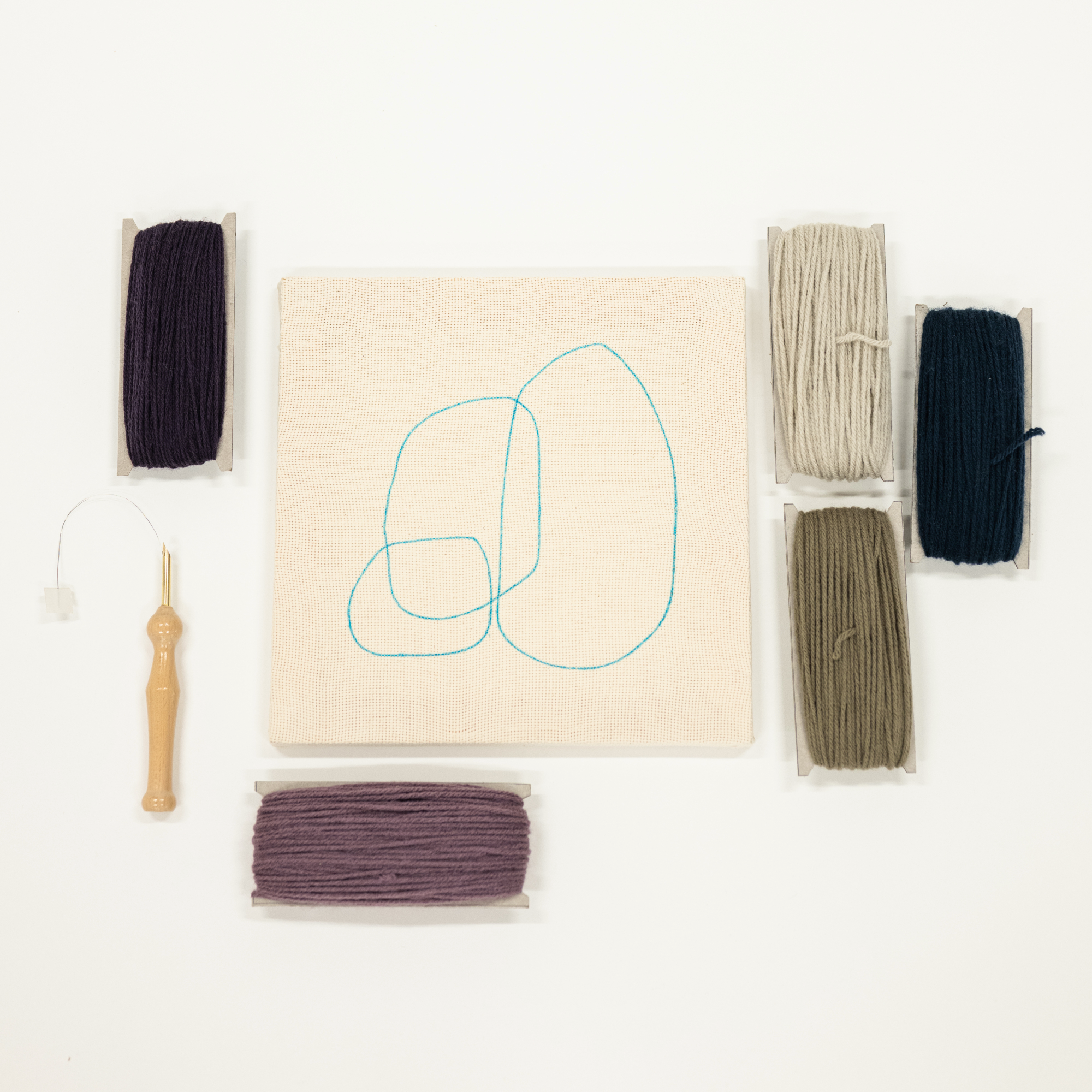 Embroidery kit with fabric, threads, and tools on a white background