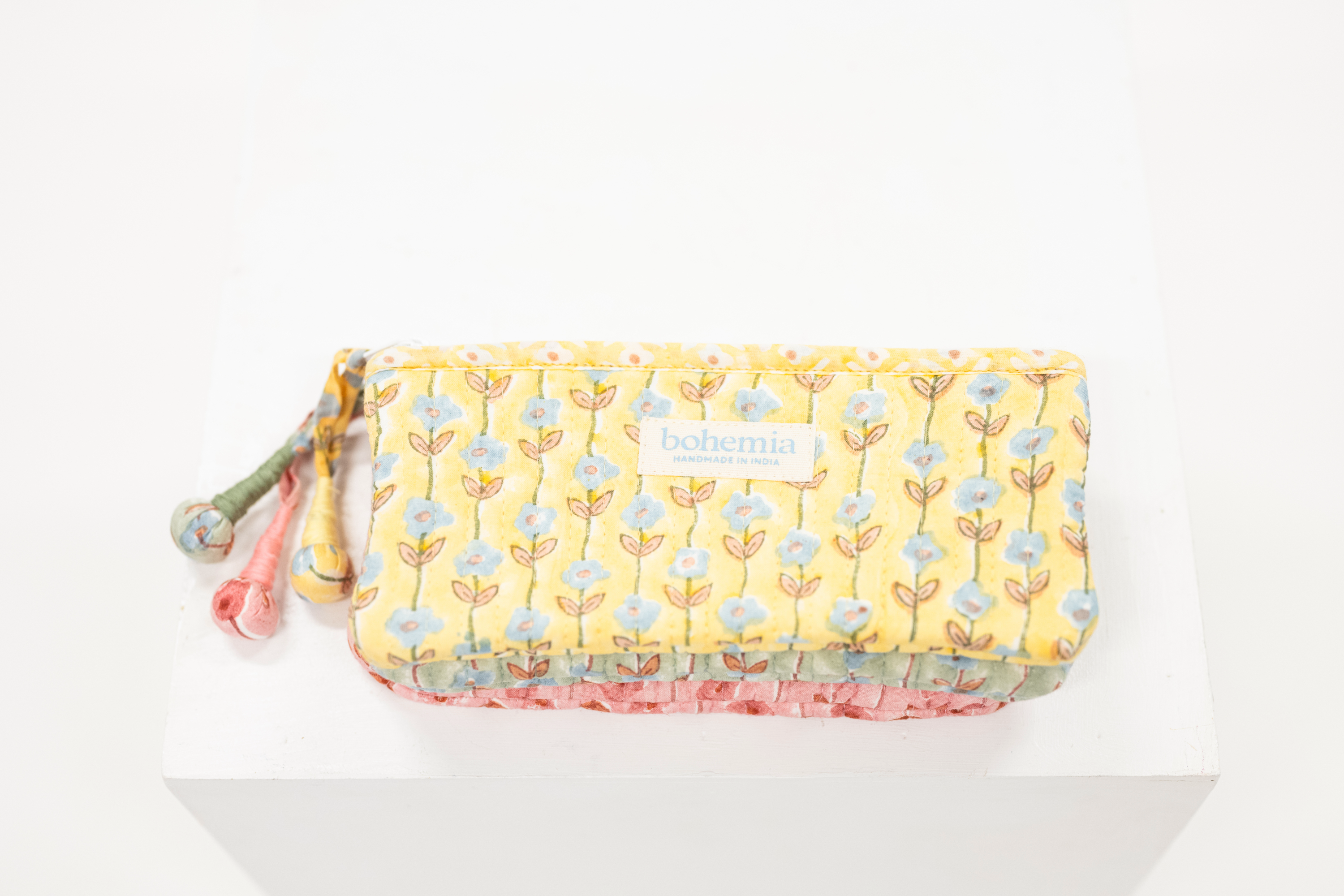 quilted block print pencil case with zipper
