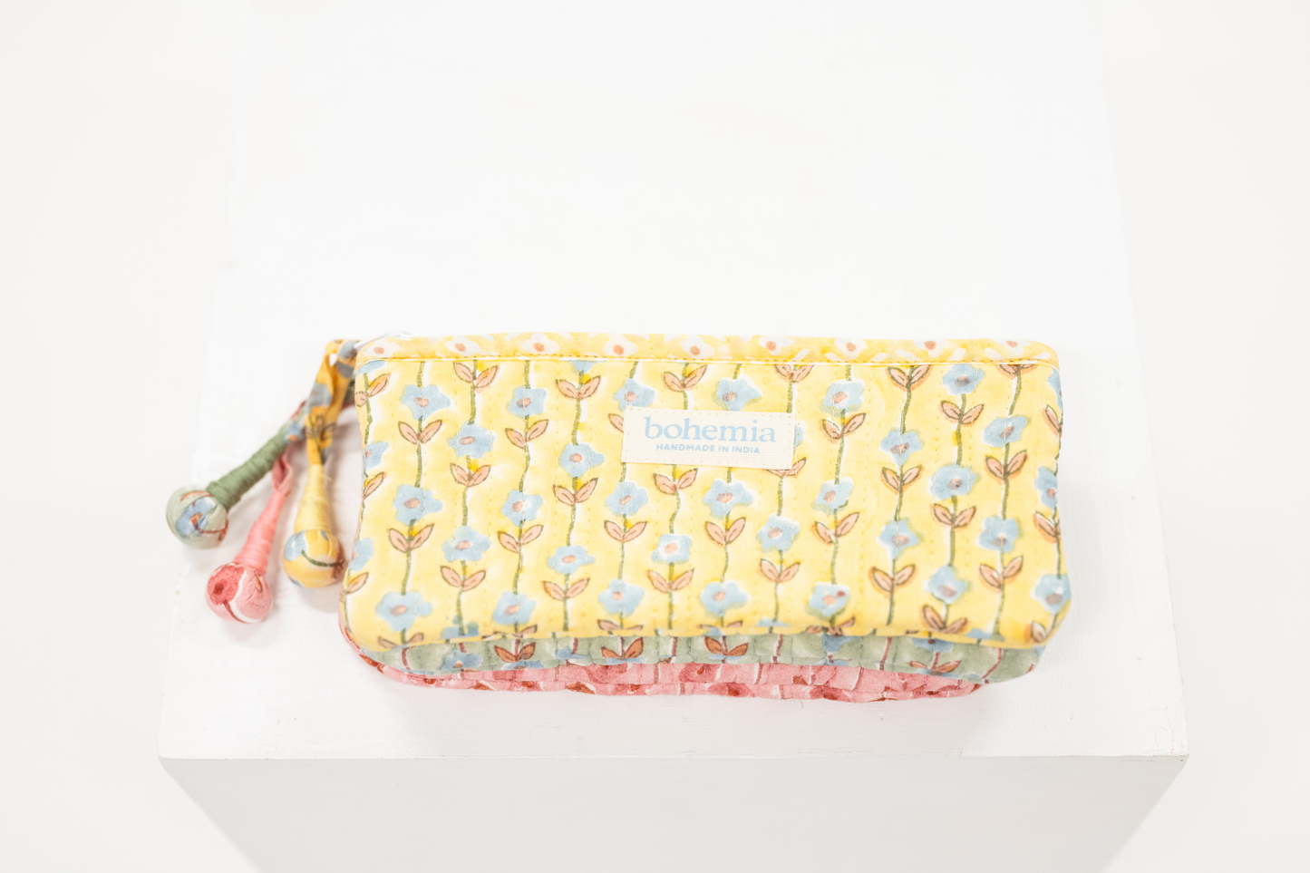 quilted block print pencil case with zipper
