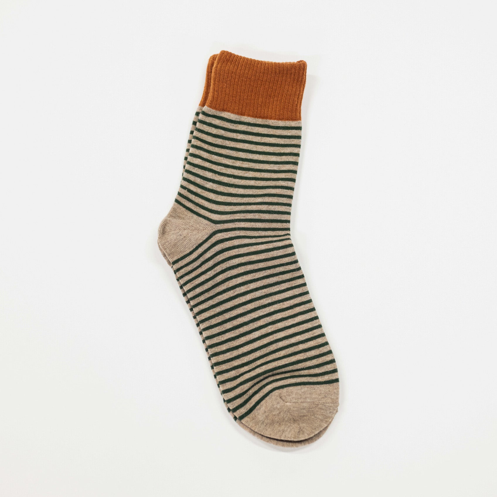 taupe colored socks with green stripes and rust colored top of the crew sock