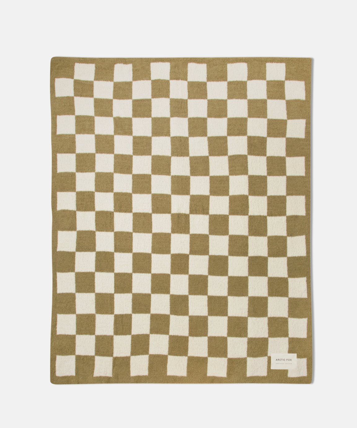 A rectangular woven blanket with a classic checkerboard pattern in olive green and cream, featuring a small white brand label in the bottom right corner.