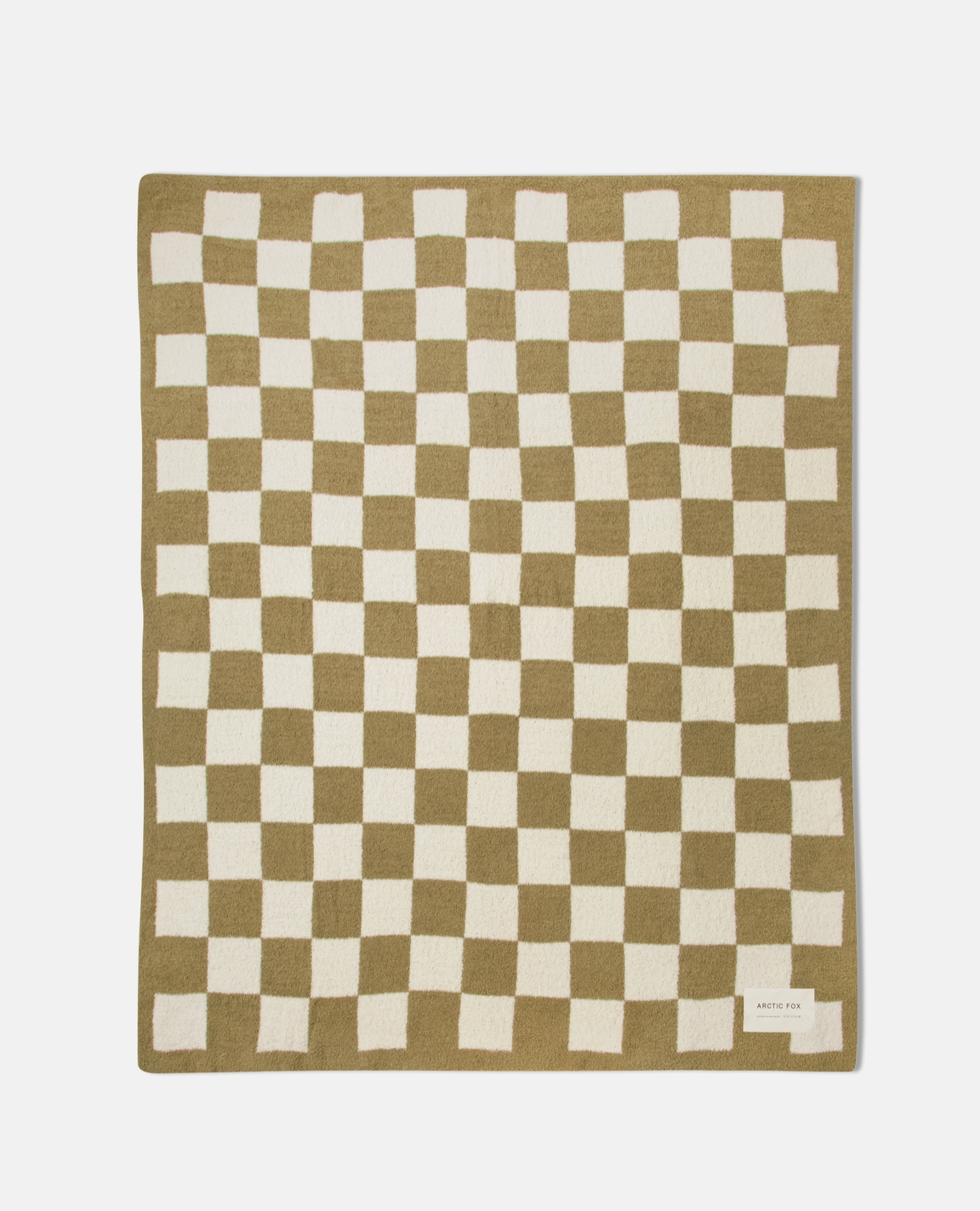 A rectangular woven blanket with a classic checkerboard pattern in olive green and cream, featuring a small white brand label in the bottom right corner.