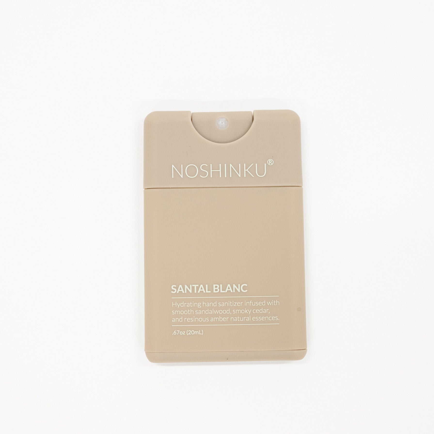 Noshinku Santal Blanc hydrating hand sanitizer in a beige rectangular pump bottle, centered on a plain white background.
