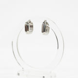 silver square shaped earring huggie side view with white background