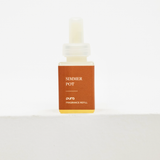 A small rectangular fragrance refill bottle labeled 'SIMMER POT' and 'puro FRAGRANCE REFILL' on a plain white background. Fall scent for pura.