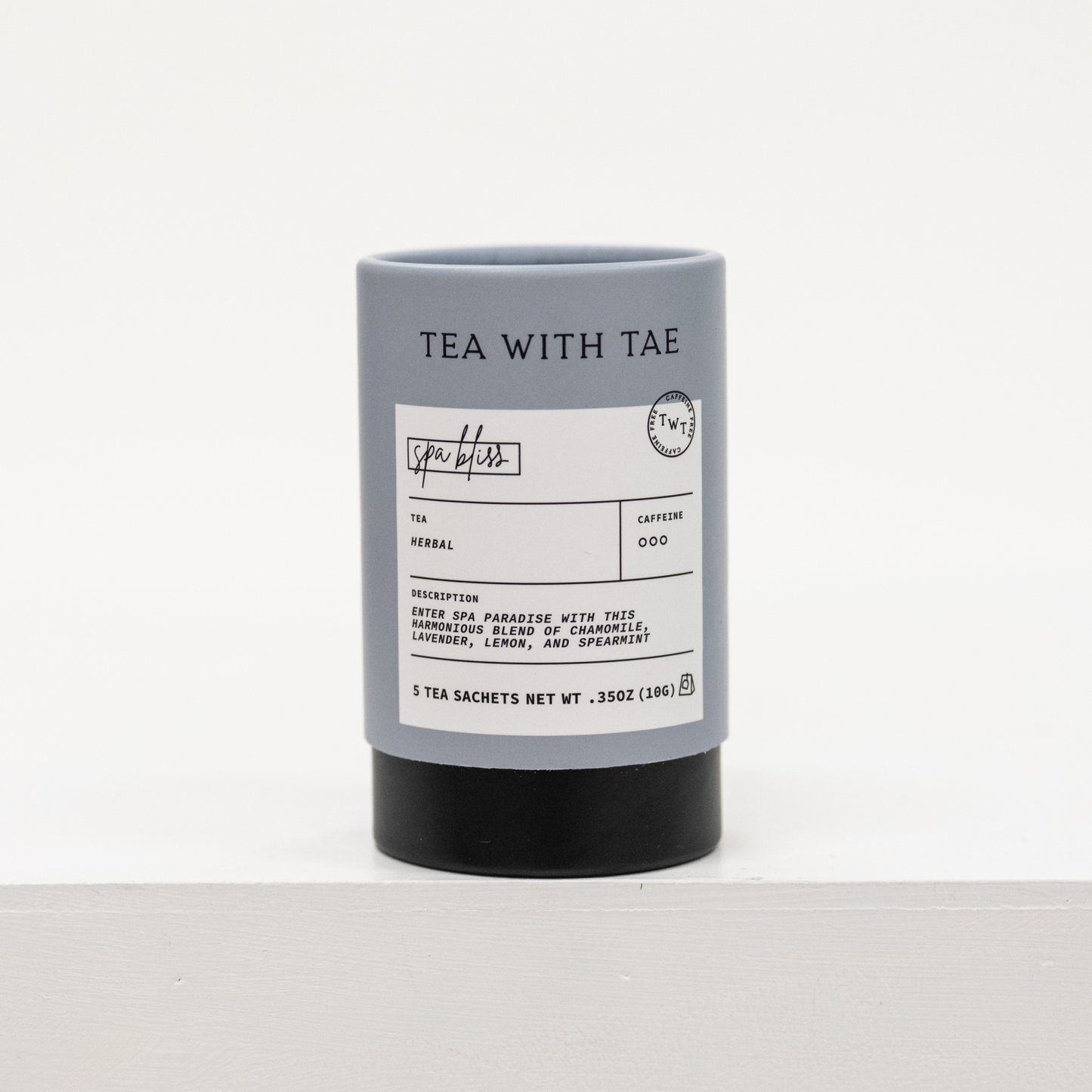 spa bliss herbal tea container with five tea bags