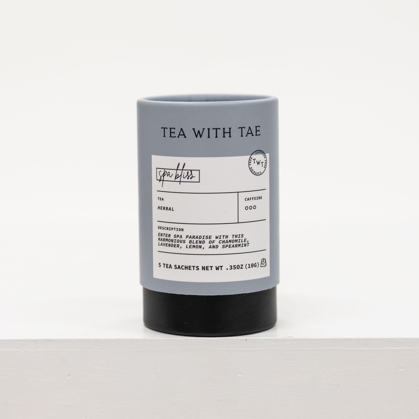 spa bliss herbal tea container with five tea bags