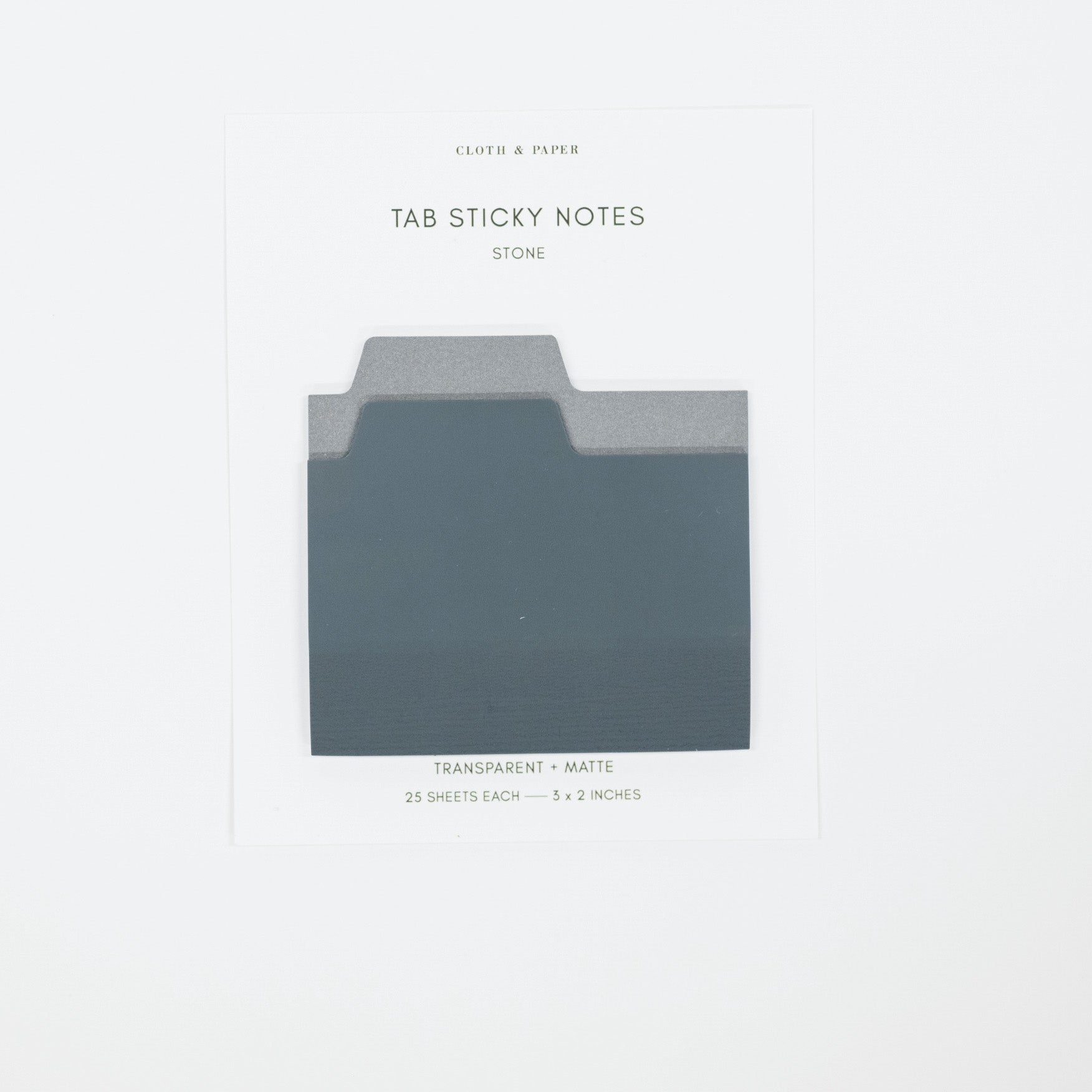 A pack of stone-colored transparent matte tab sticky notes on a white backing card, photographed against a clean white background.