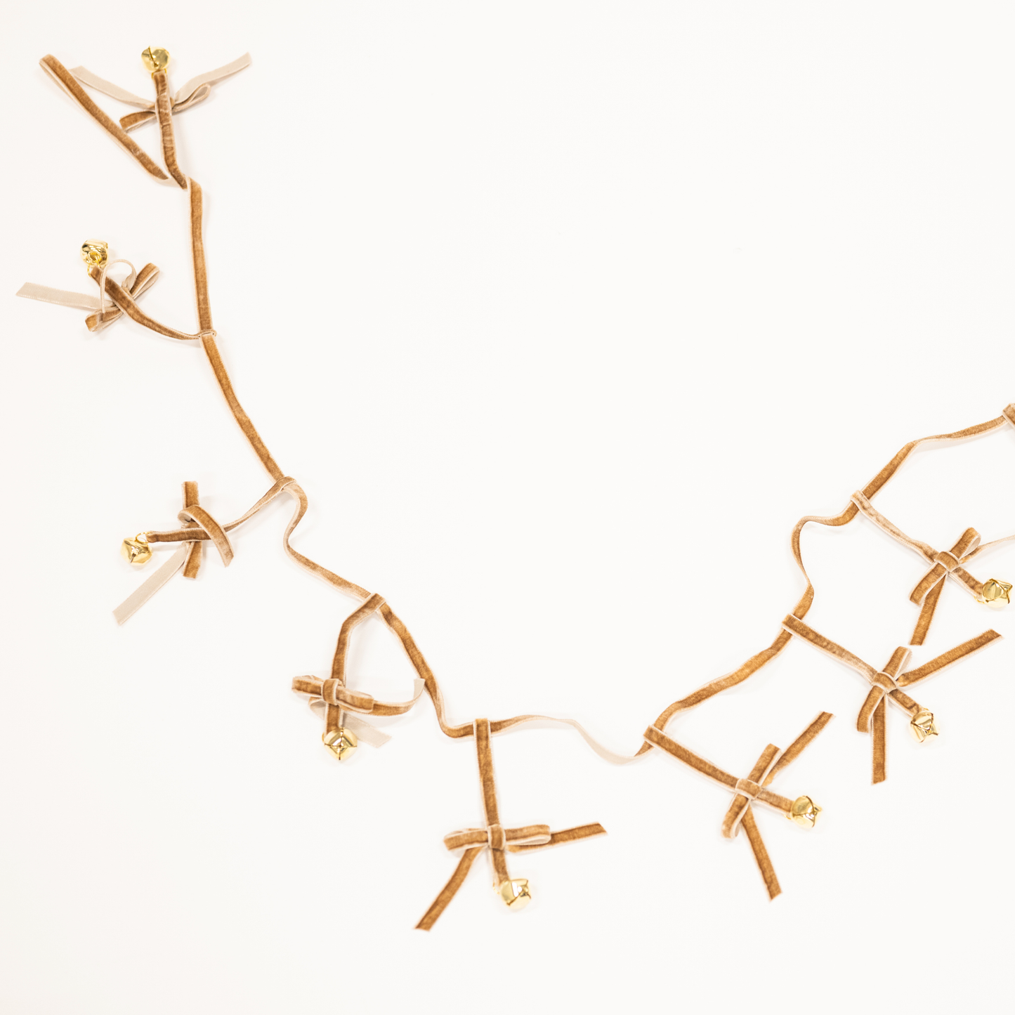 Velvet Bow Garland With Golden Jingle Bells - Taupe Velvet
