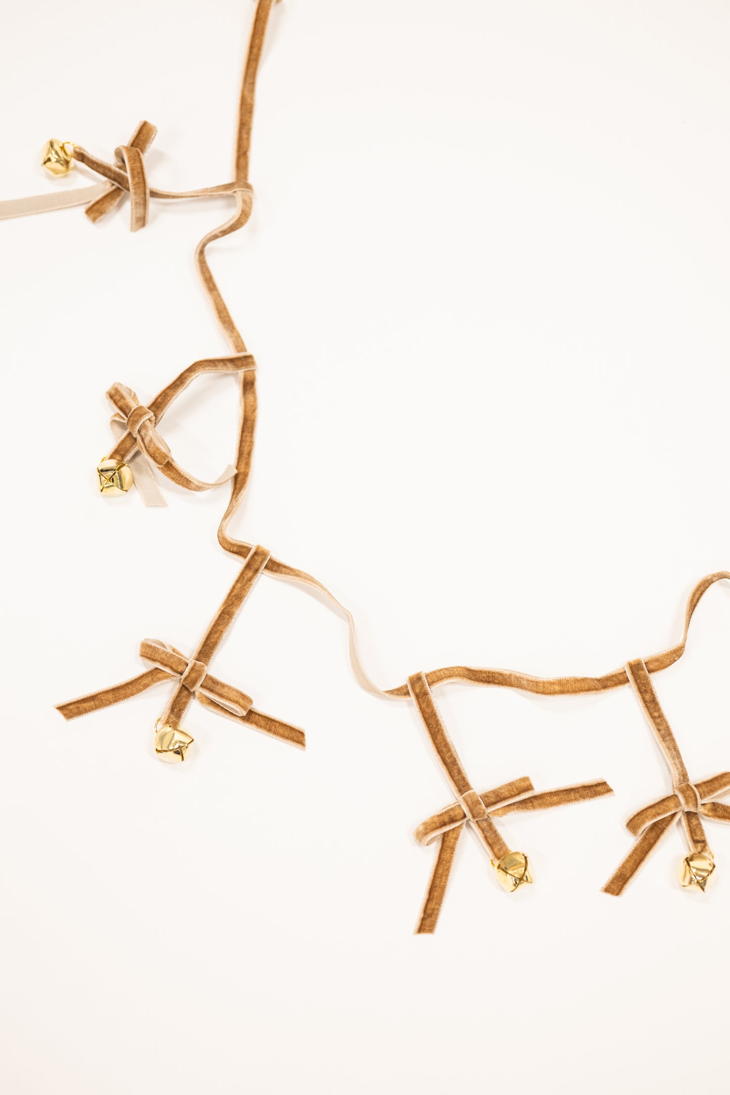 Velvet Bow Garland With Golden Jingle Bells - Taupe Velvet