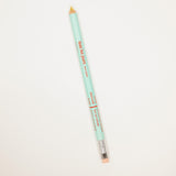 Mint green pencil with brand name on a white background