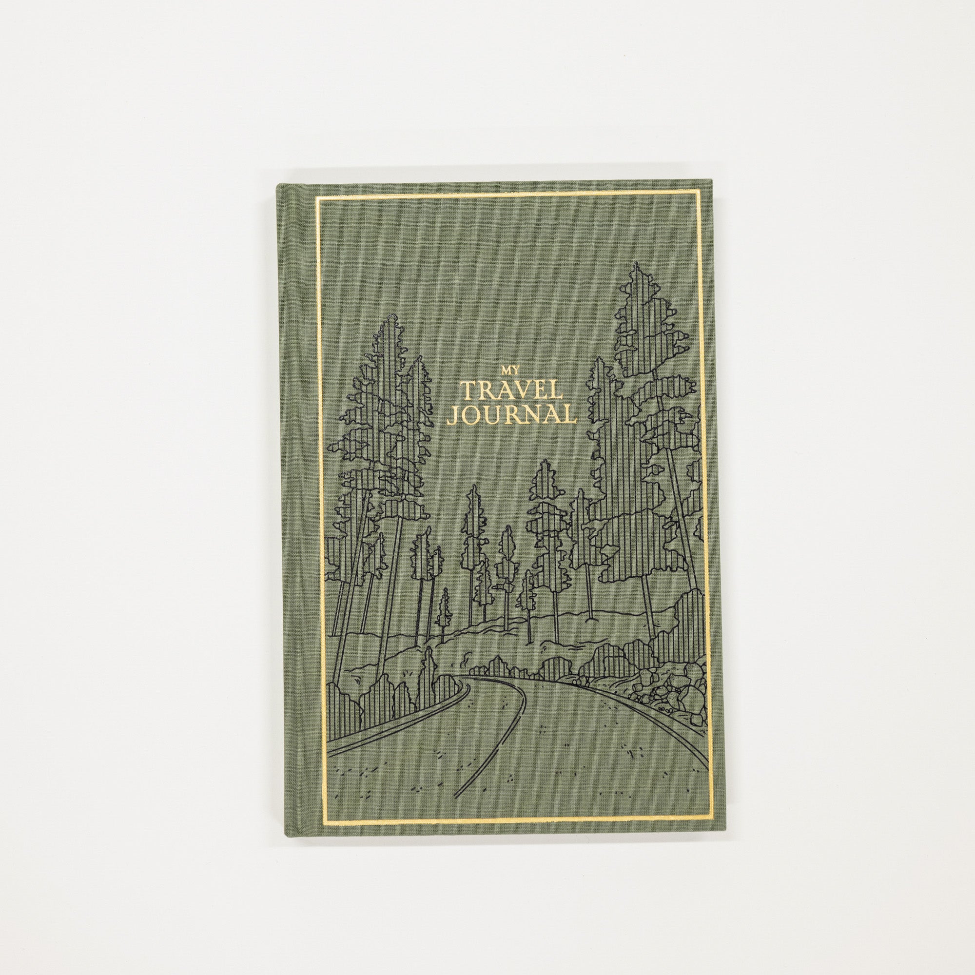 Green travel journal with forest design on a white background