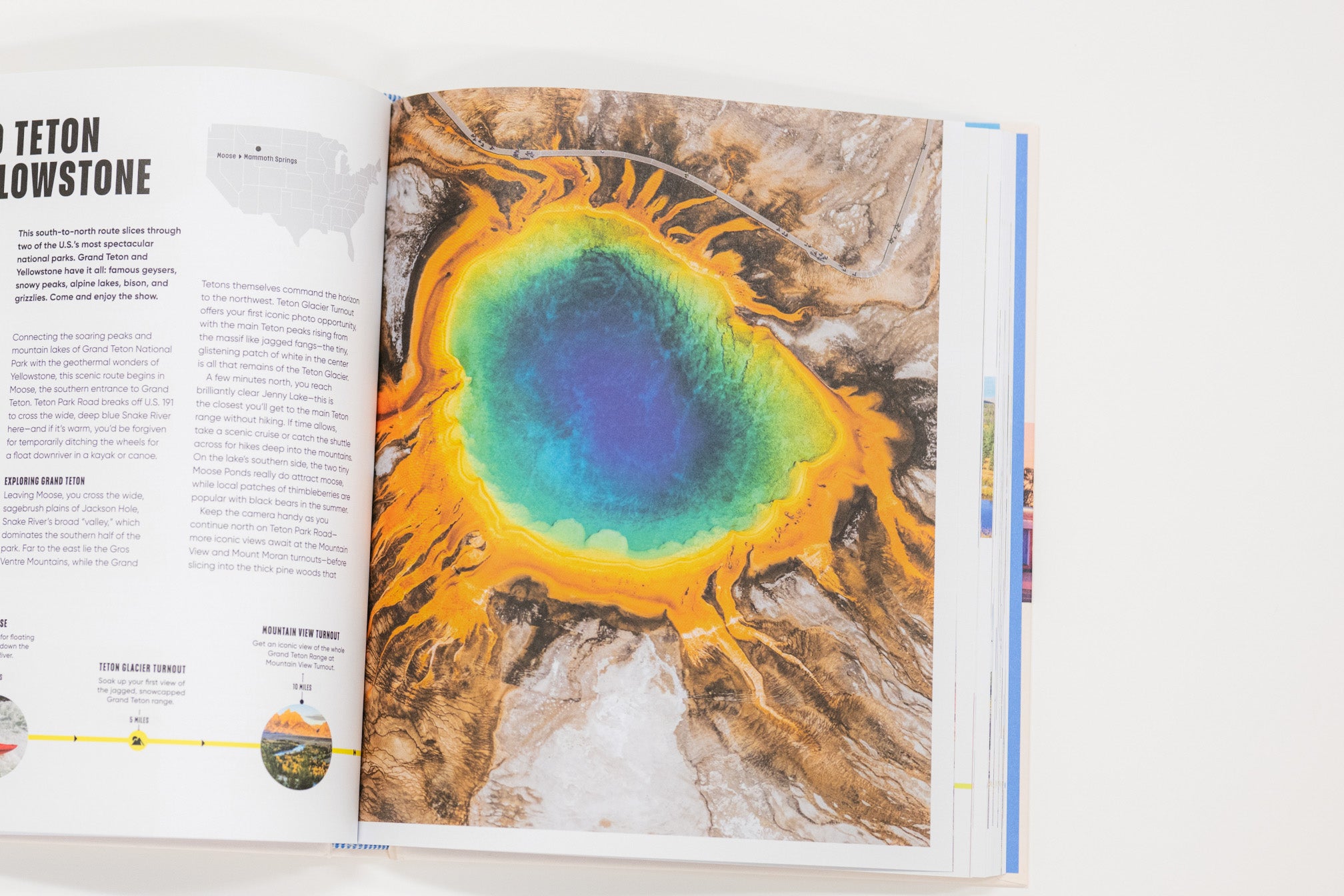 Open book showing a colorful natural landscape illustration on a white background