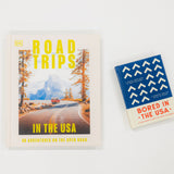 Two books on a white background, one titled 'Road Trips in the USA' and the other 'Bored in the USA'.